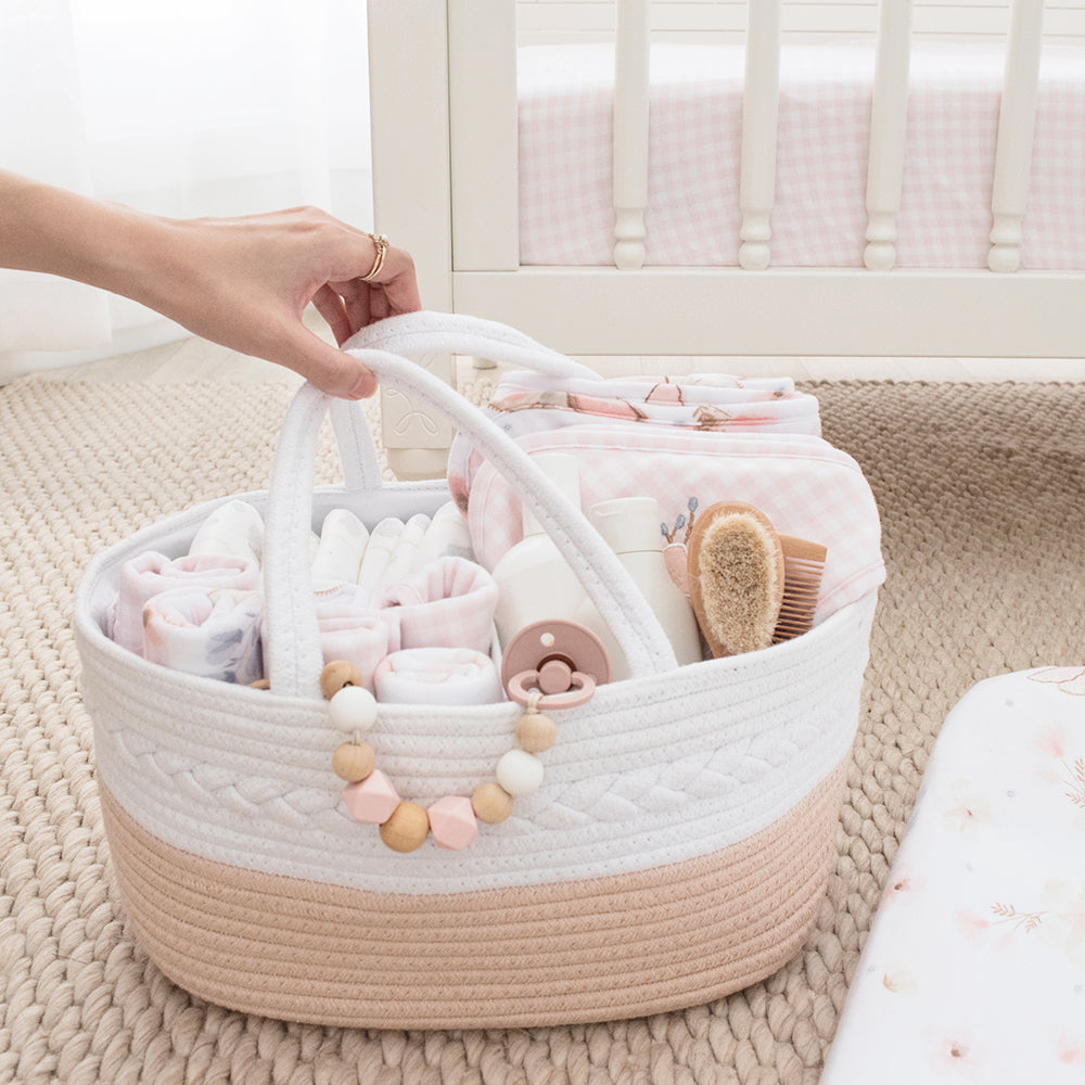 100% Cotton Rope Nappy Caddy - Blush/White