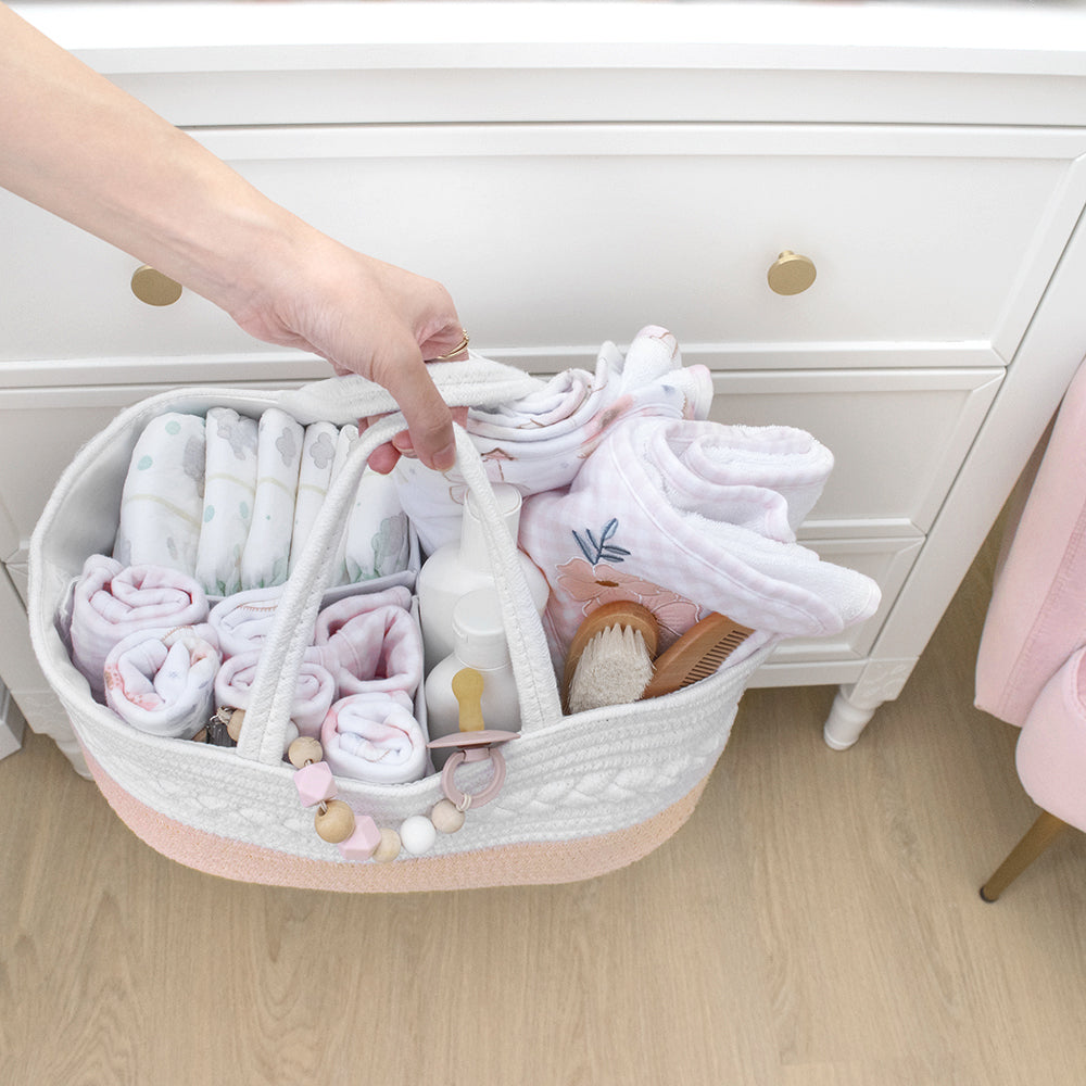 100% Cotton Rope Nappy Caddy - Blush/White