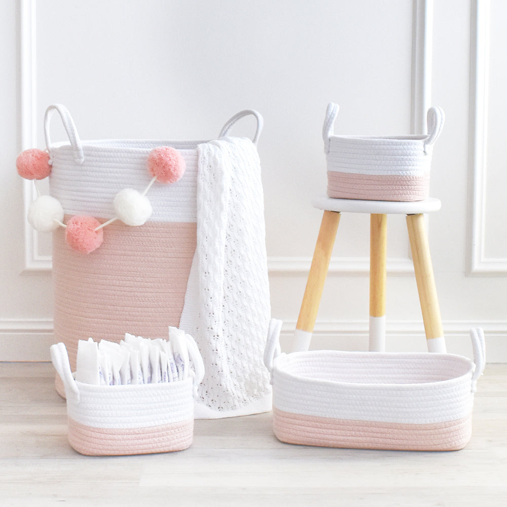 100% Cotton Rope Hamper - Blush/White