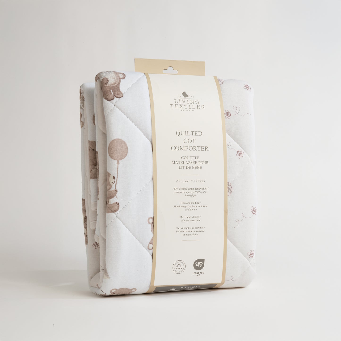 Reversible Organic Jersey Quilted Cot Comforter - Cuddly Bear