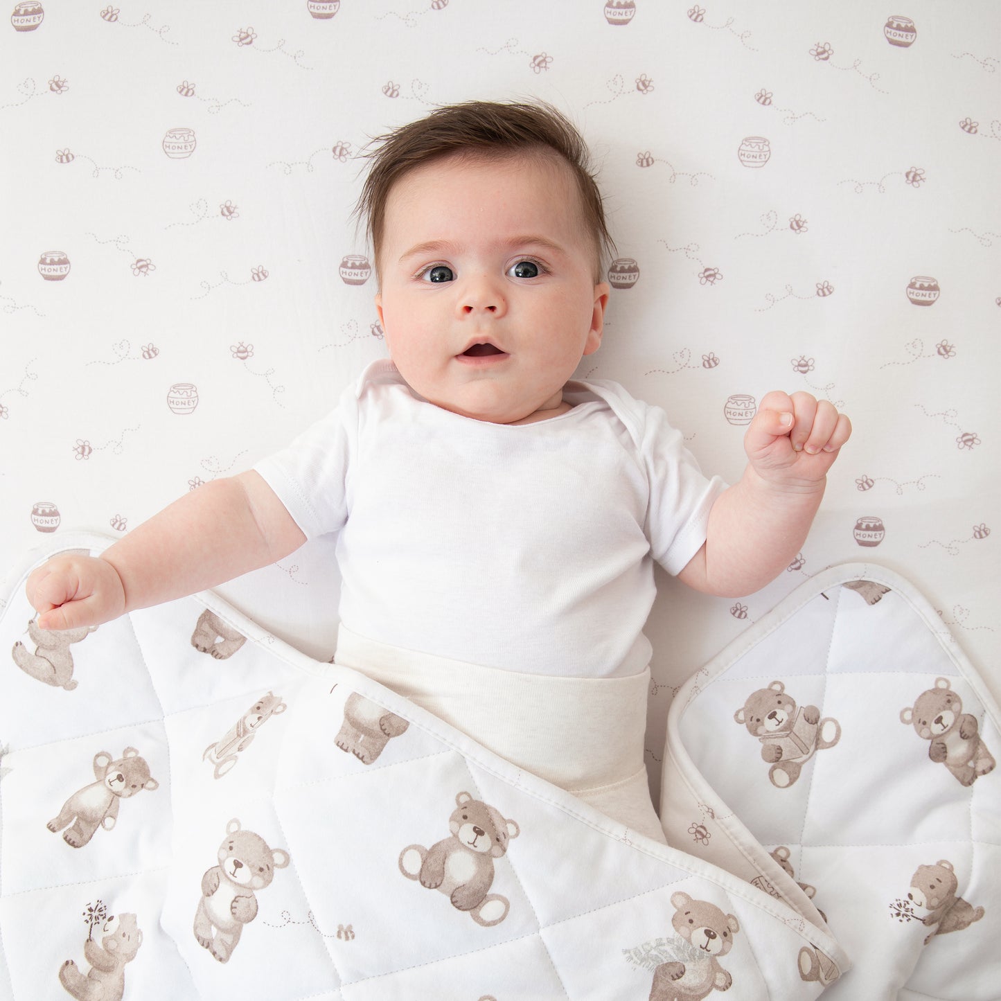 Reversible Organic Jersey Quilted Cot Comforter - Cuddly Bear