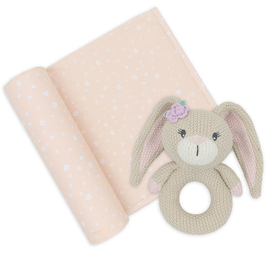 Jersey Swaddle & Rattle Gift Set - Floral/Bunny