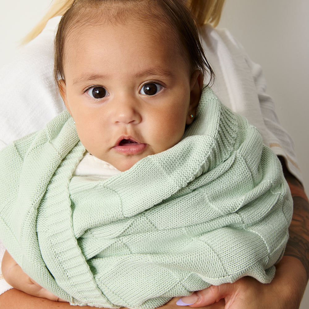 Pram Knitted Blanket - Checkered Seafoam