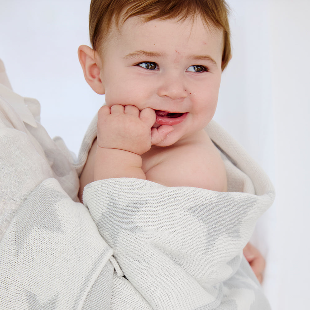 Pram Knitted Blanket - Grey Stars