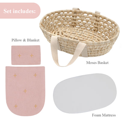 Rattan Doll Moses Basket Set - Blush