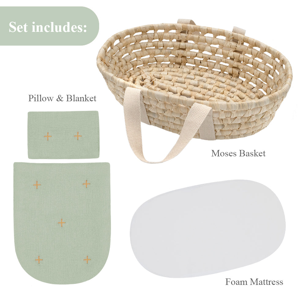 Rattan Doll Moses Basket Set - Sage