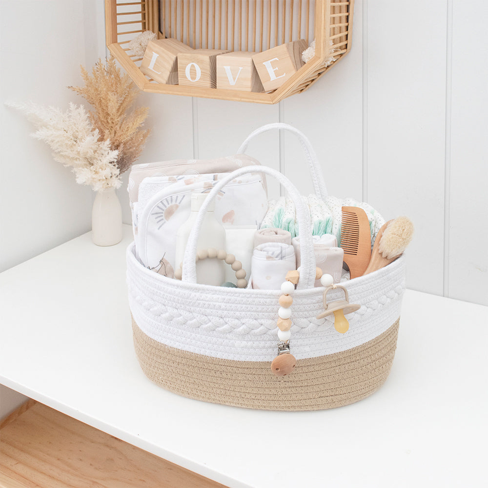 100% Cotton Rope Nappy Caddy - Natural/White