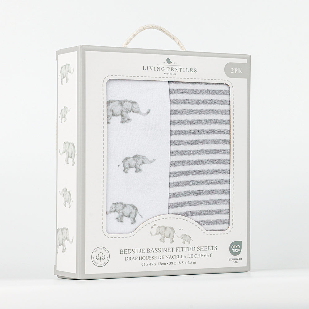 2pk Bedside Bassinet Fitted Sheet - Watercolour Elephant