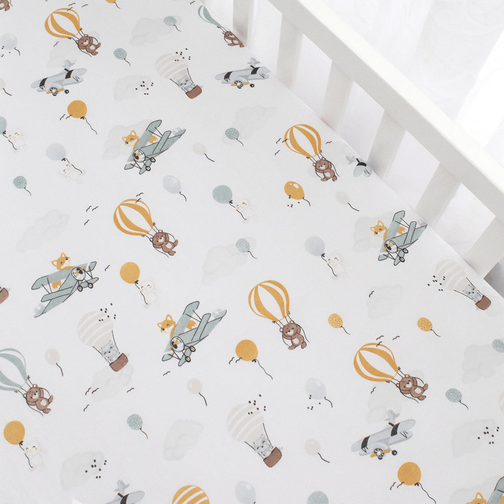 2pk Cot Fitted Sheets - Up Up & Away