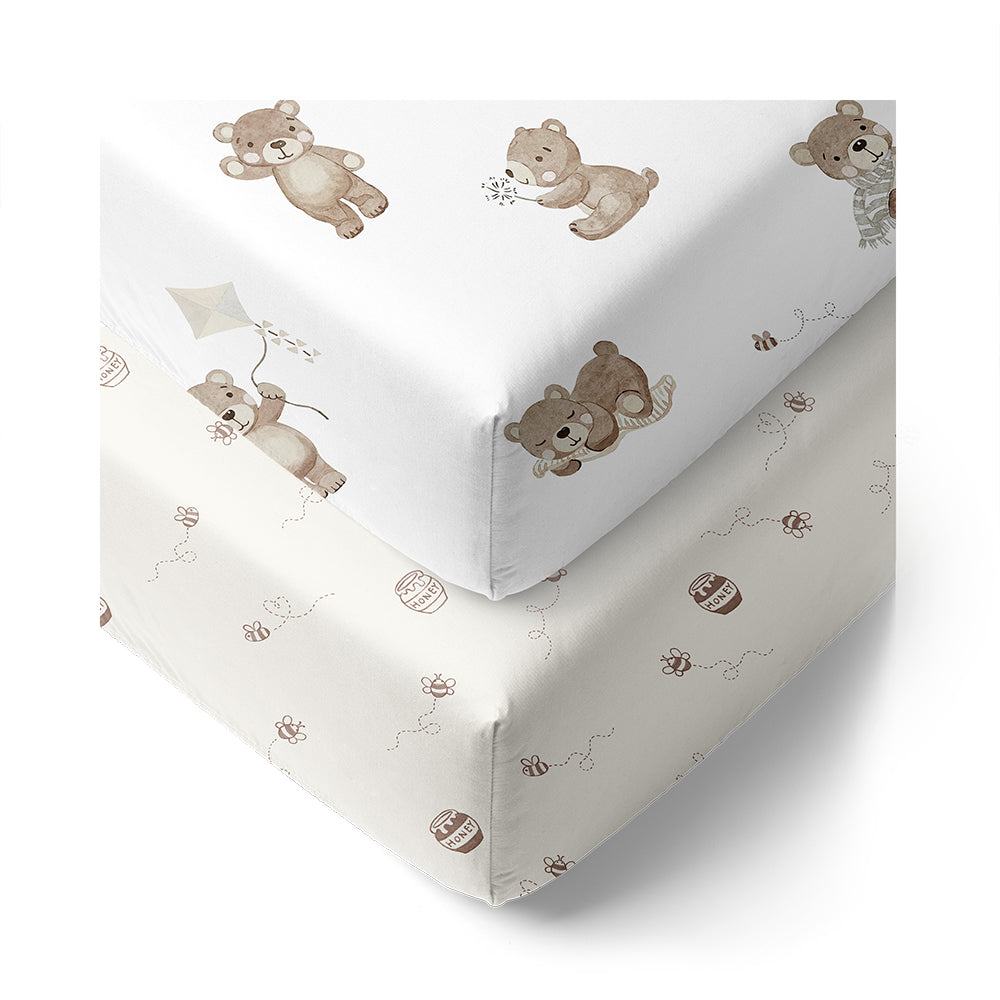 2 Pack Organic Jersey Cot Fitted Sheets - Cuddly Bear