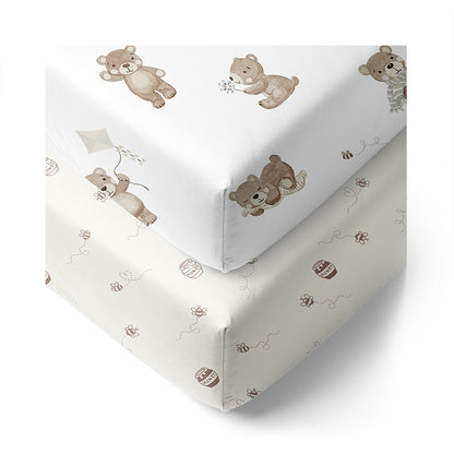 2 Pack Organic Jersey Cot Fitted Sheets - Cuddly Bear