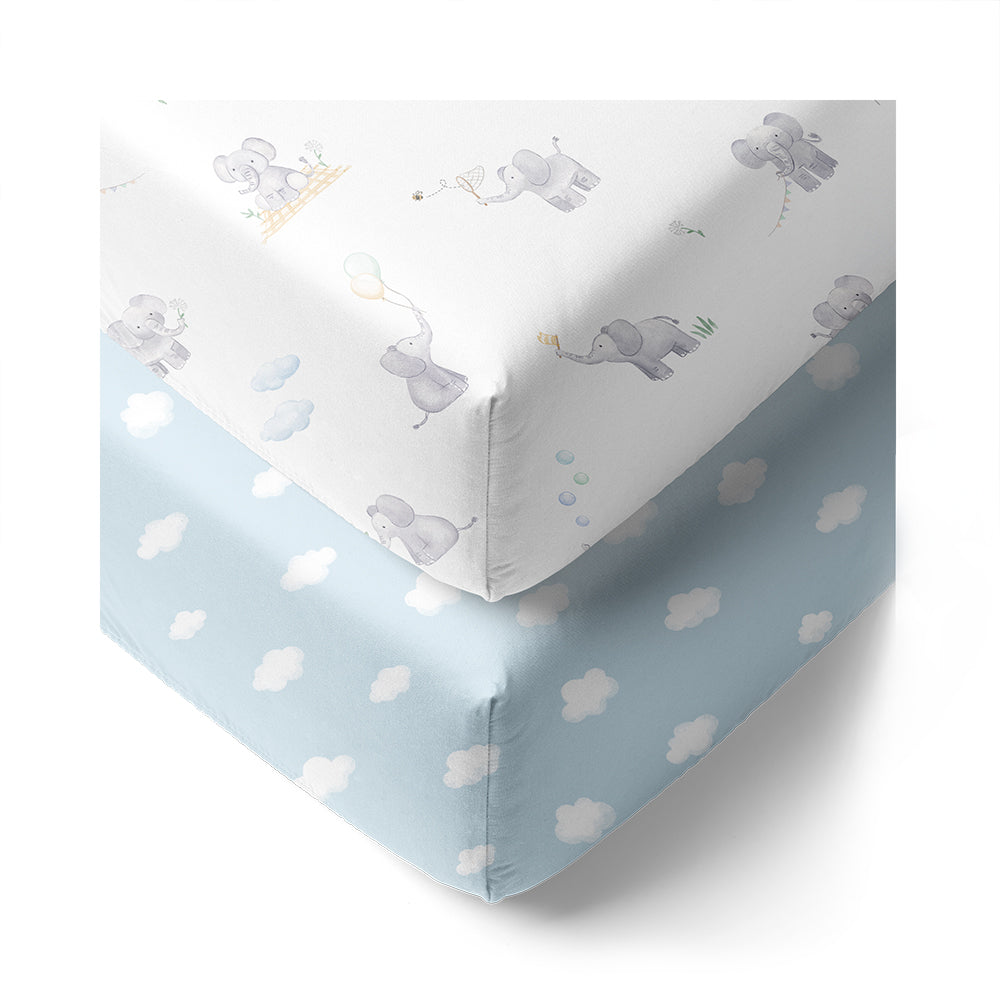 2 Pack Organic Cot Fitted Sheet - Elephant Playtime