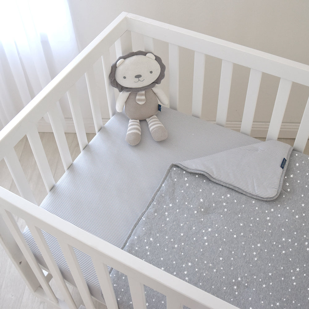Quilted Cot Comforter - Silver Stars/Grey Stripes