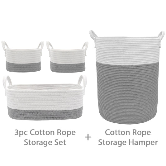 100% Cotton Rope Storage Set Bundle - Grey/White